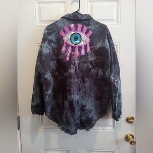 Denim Distressed Tye Dye Shirt With Sequins Evil Eye Applique